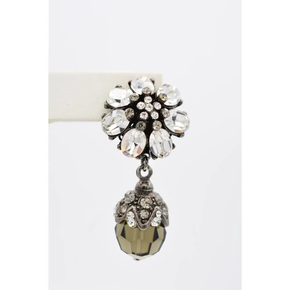 Barrera Vintage Crystal Clip On Earrings Rhinestone Gunmetal Signed 1980s BinAO